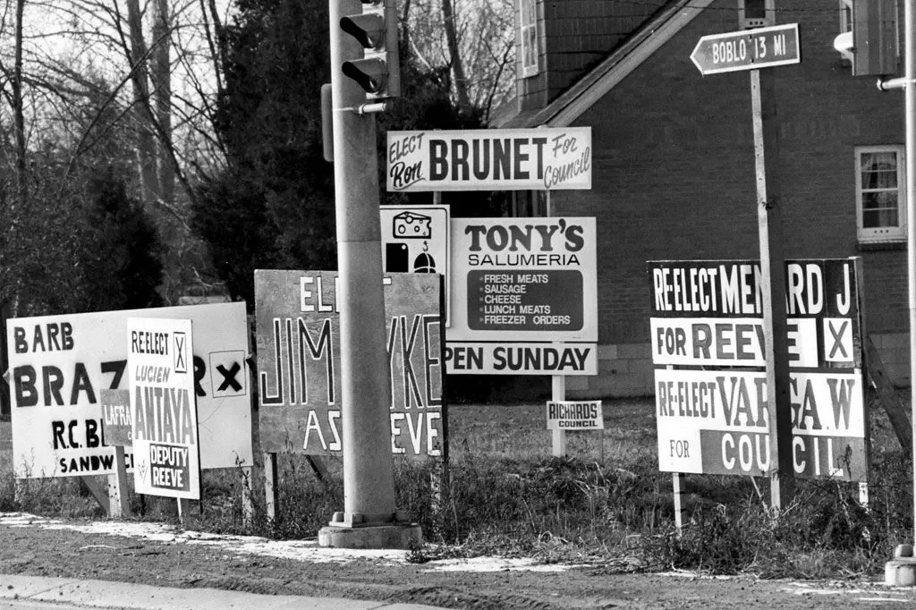 Election signs crowd a street corner in Windsor in this 1975 file photo