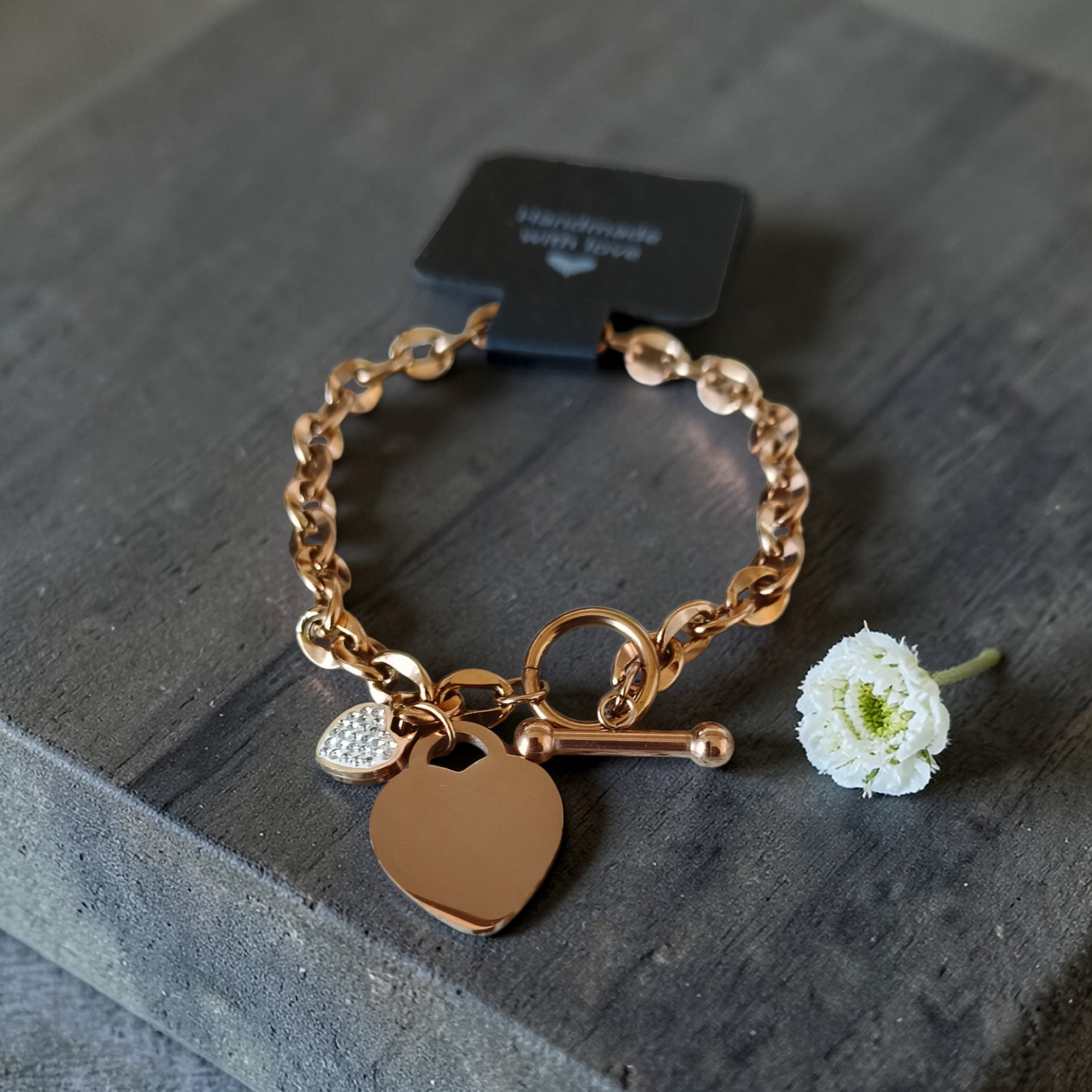 Schakel armband rose goud met steentjes