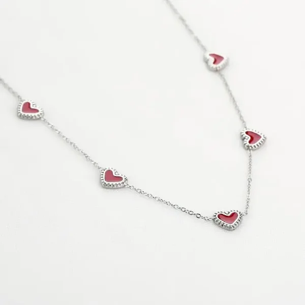 Stainless Steel Ketting – Rode Hartjes – 40 + 5 cm – Verstelbaar – Zilver