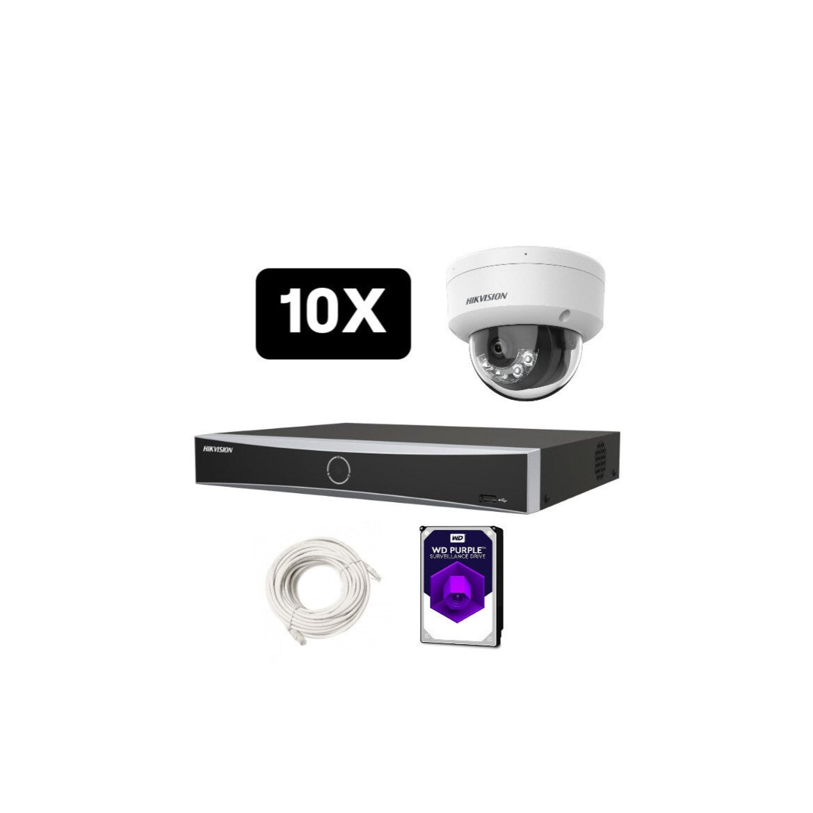 Hikvision Set 10x ColorVu Dome 8MP + 16 Kanaals NVR Hardeschijf & Bekabeling