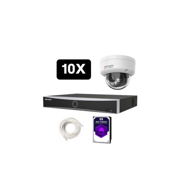 Hikvision Set 10x ColorVu Dome 4MP + 16 Kanaals NVR Hardeschijf & Bekabeling
