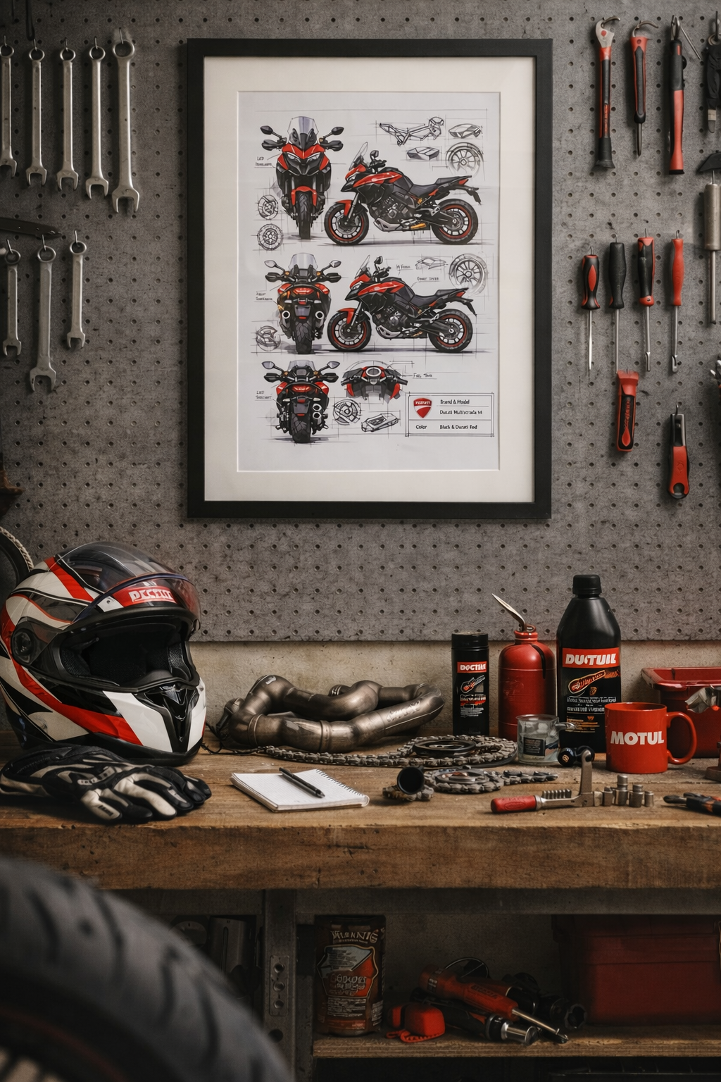 A3 ingelijste motorillustratie met passepartout