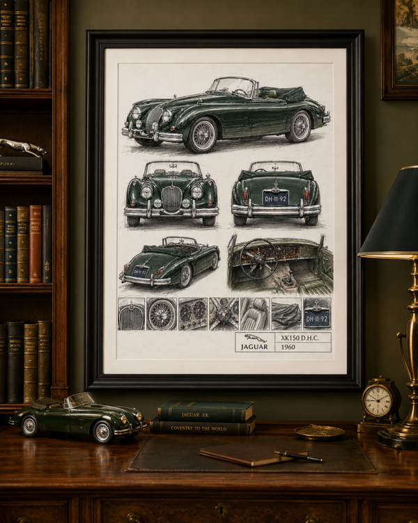 A2 auto illustratie met passe-partout  in premium lijst