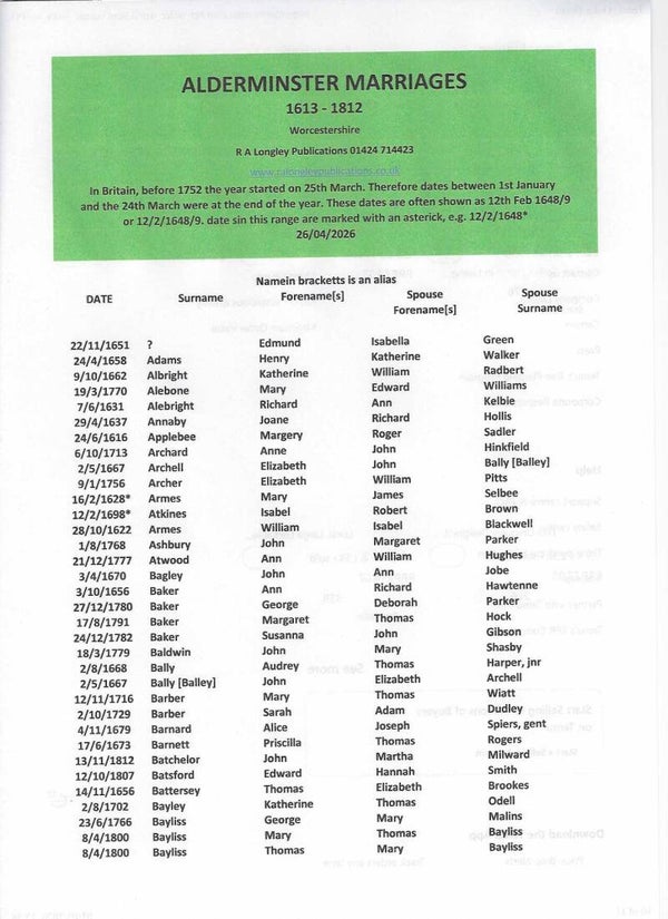 Alderminster Marriages 1613 - 1812