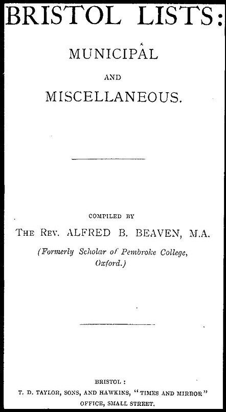 Bristol Lists 1525 - 1899 Municipal & Miscellanrous