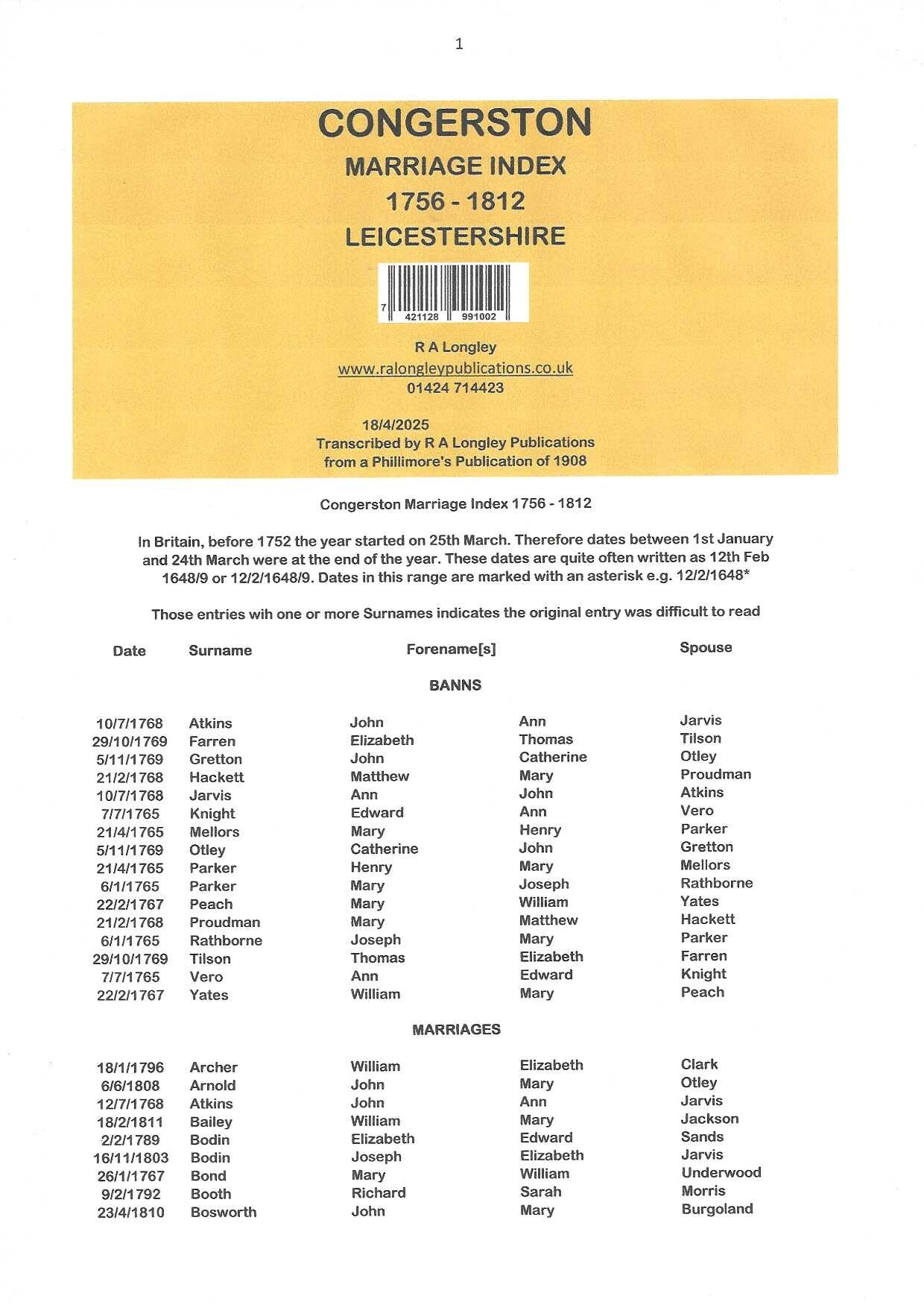 Congerston Marriages 1765 - 1812