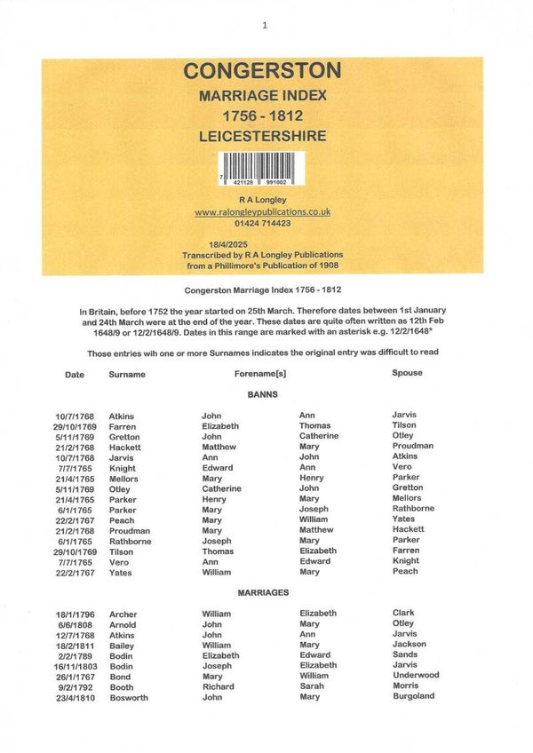 Congerston Marriages 1765 - 1812