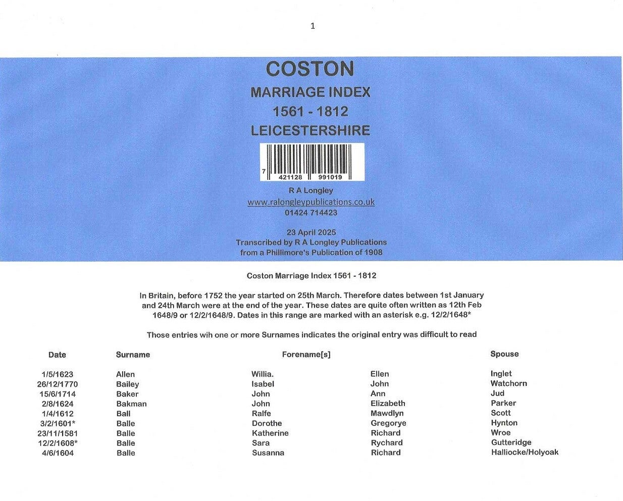 Coston Marriages 1561 - 1812