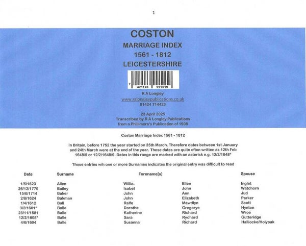 Coston Marriages 1561 - 1812