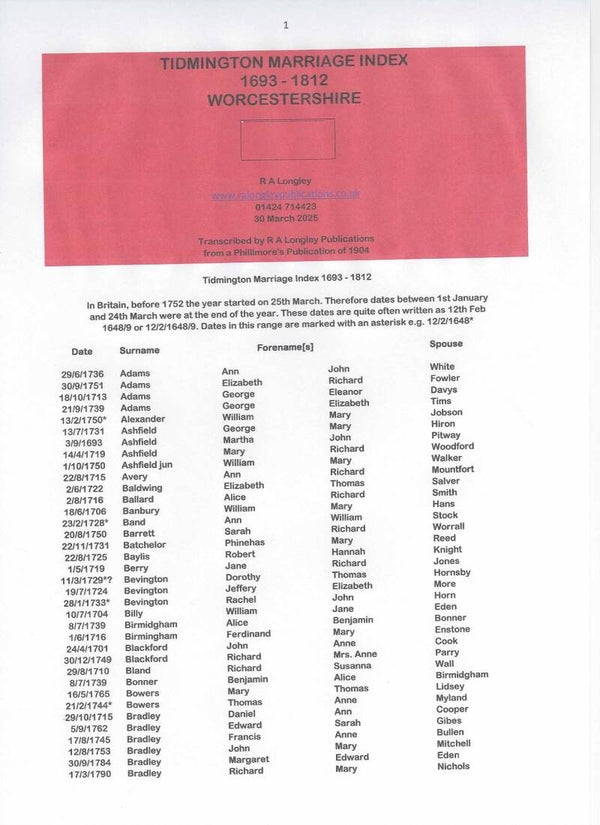 Tidmington Marriages 1693 - 1812