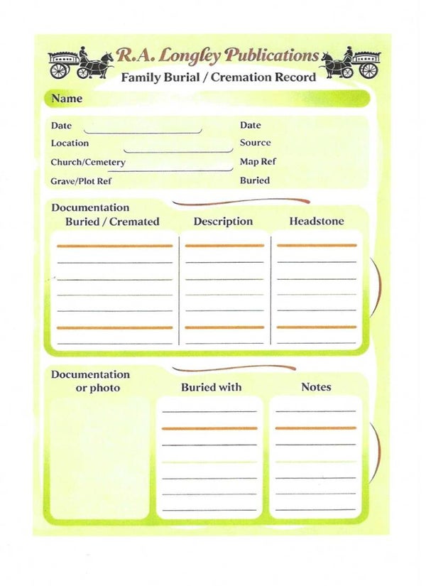 Family History Burial or Cremation Record Sheet