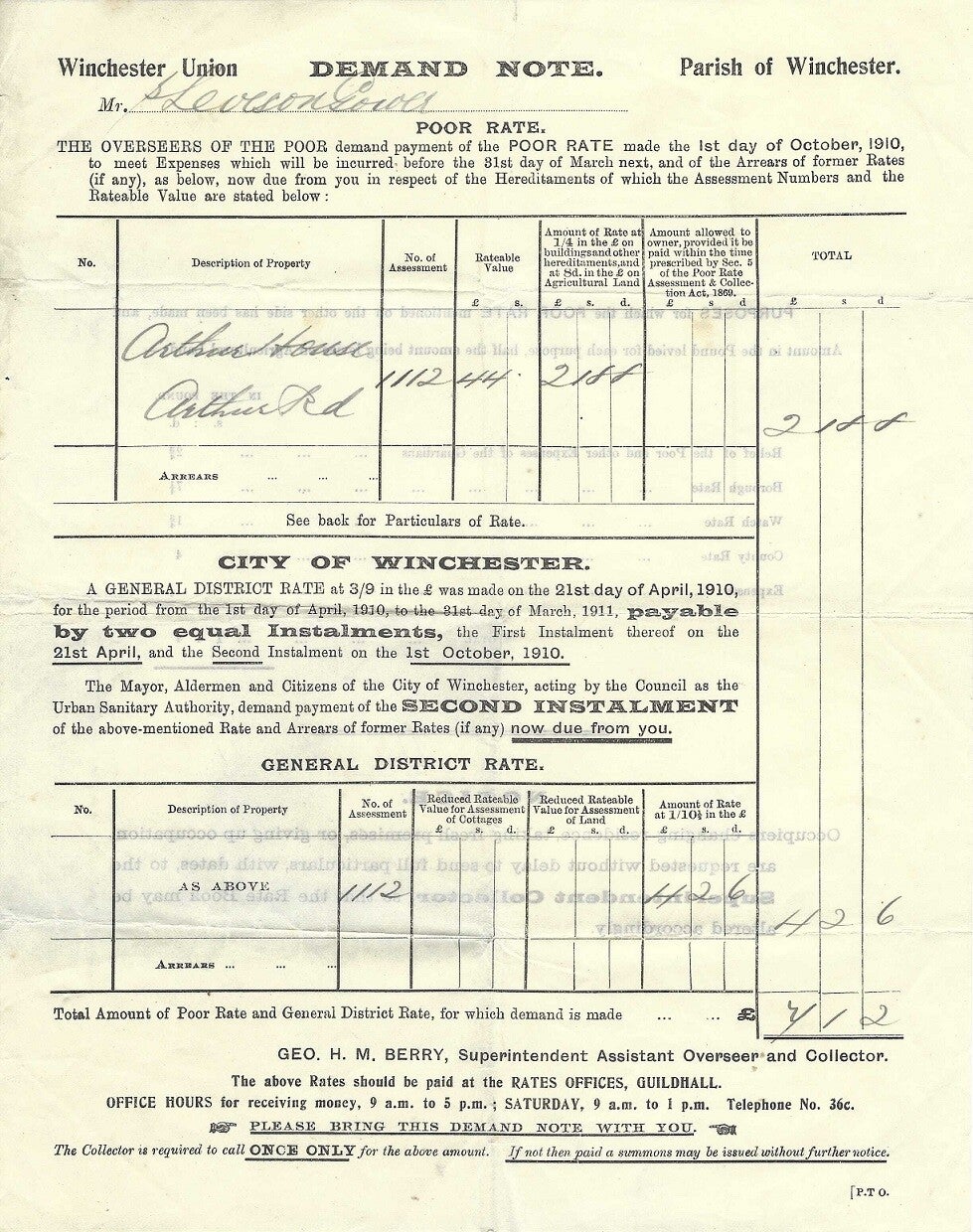 Leverson Gower [Mrs.] Rate Demand 1910