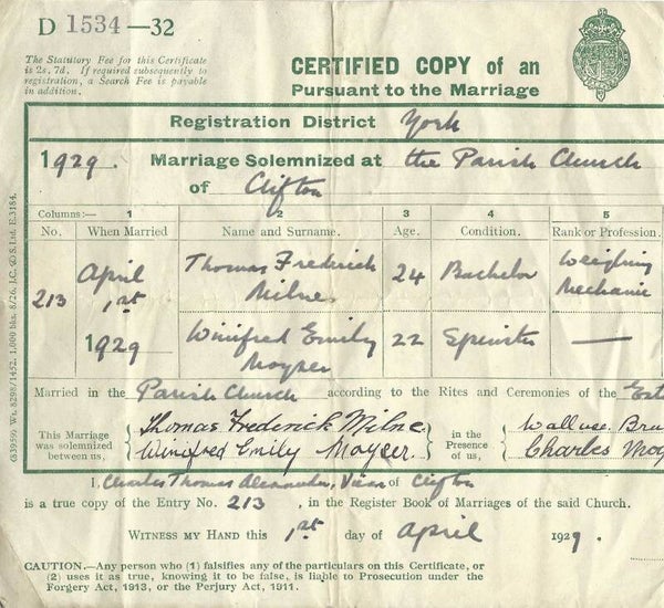 Milne / Moyser Marriage Certificate
