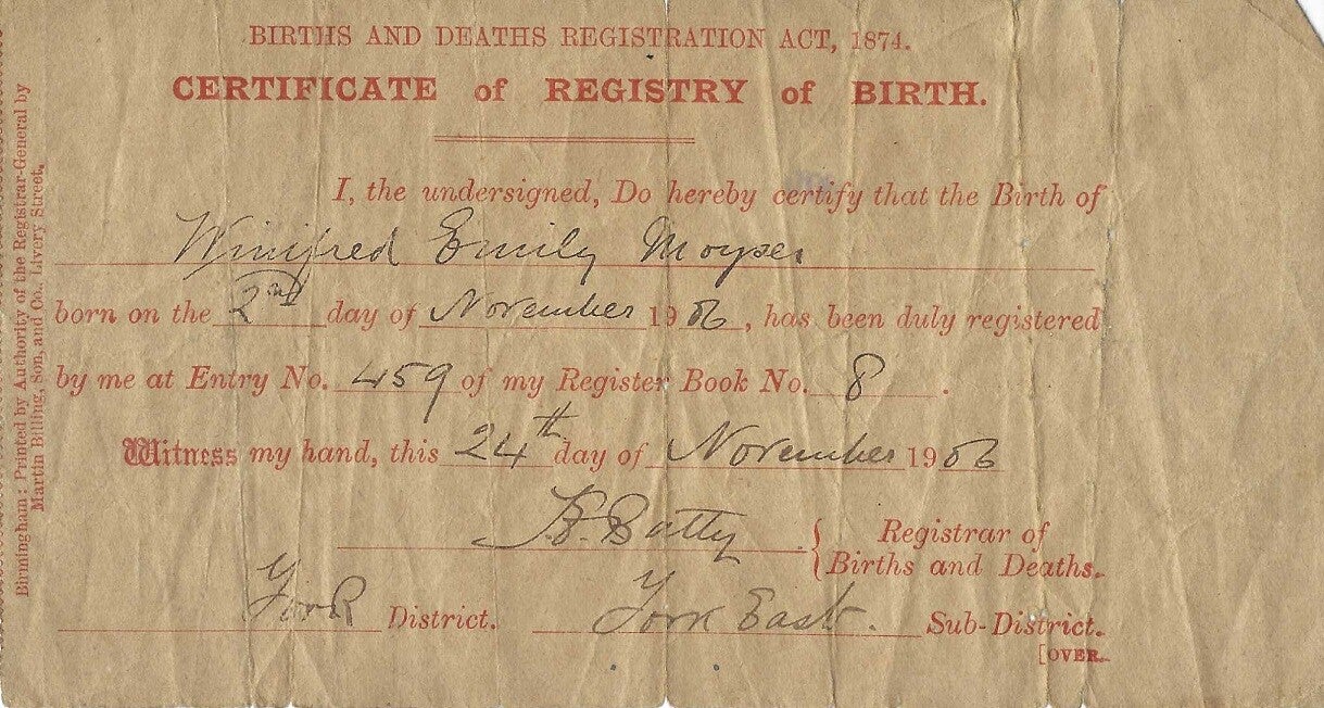 Moyser, Winifred Emily,  Short Birth Cert