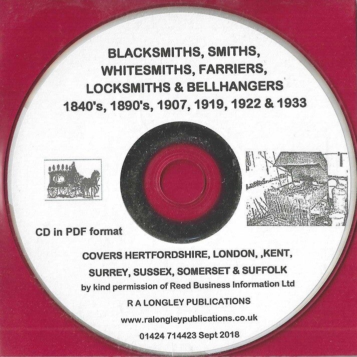 Blacksmiths Smiths Whitesmiths Farriers etc. 1840 – 1933 [Herts London Kent Surrey Sussex Somerset Suffolk]
