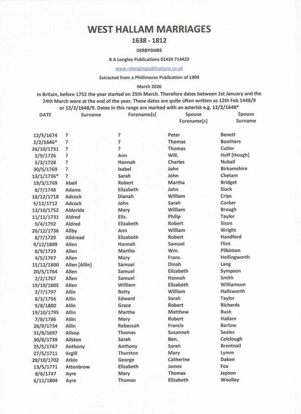West Hallam Marriages Index 1638 - 1812