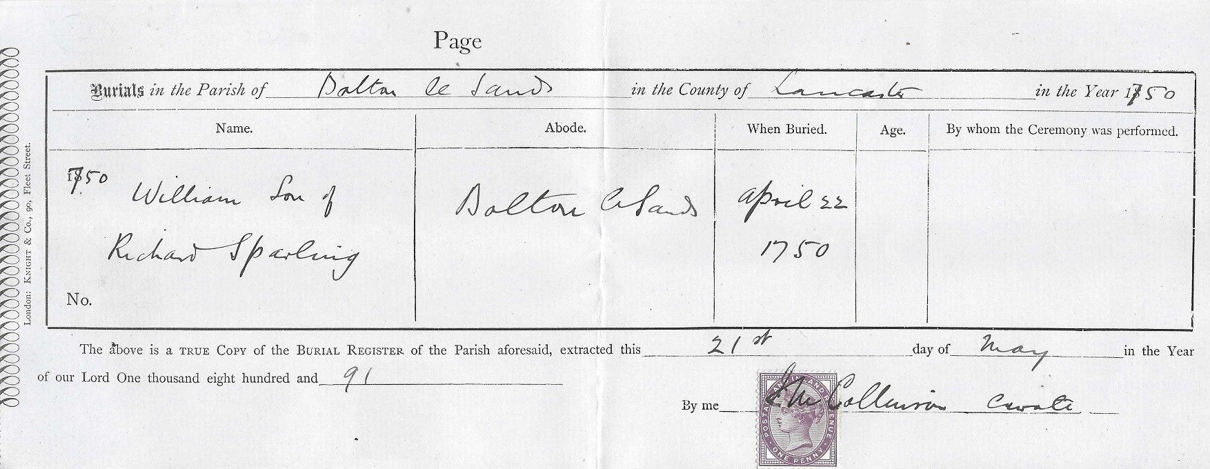 Sparling, William Burial Certificate 1750