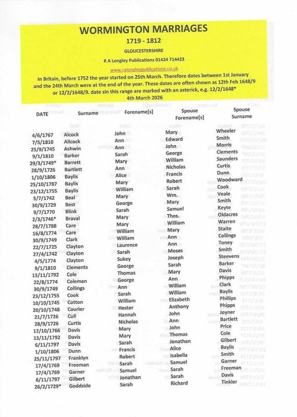Wormington Marriages Index 1719 - 1812