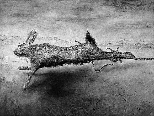 "Kraft - oder wie es der tote Hase, trotz aller Widrigkeiten, in eineKunstausstellung schaffte" B.130 cm x H.100 cm