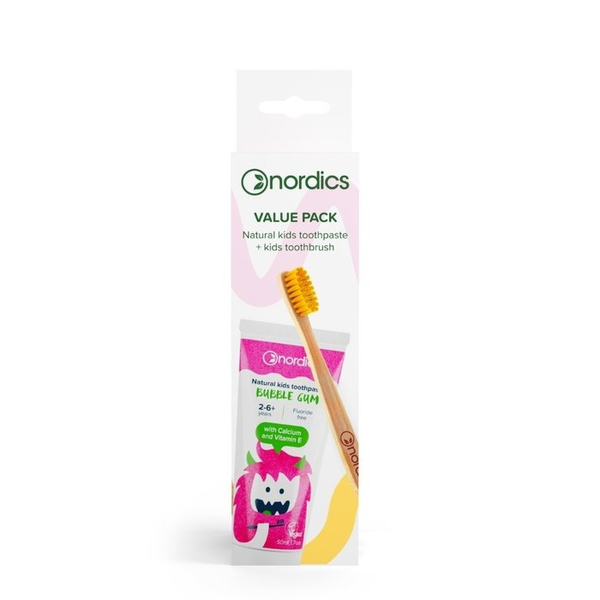 Nordics Voordeelpak Bubblegum tandpasta en kids bamboo tandenborstel geel