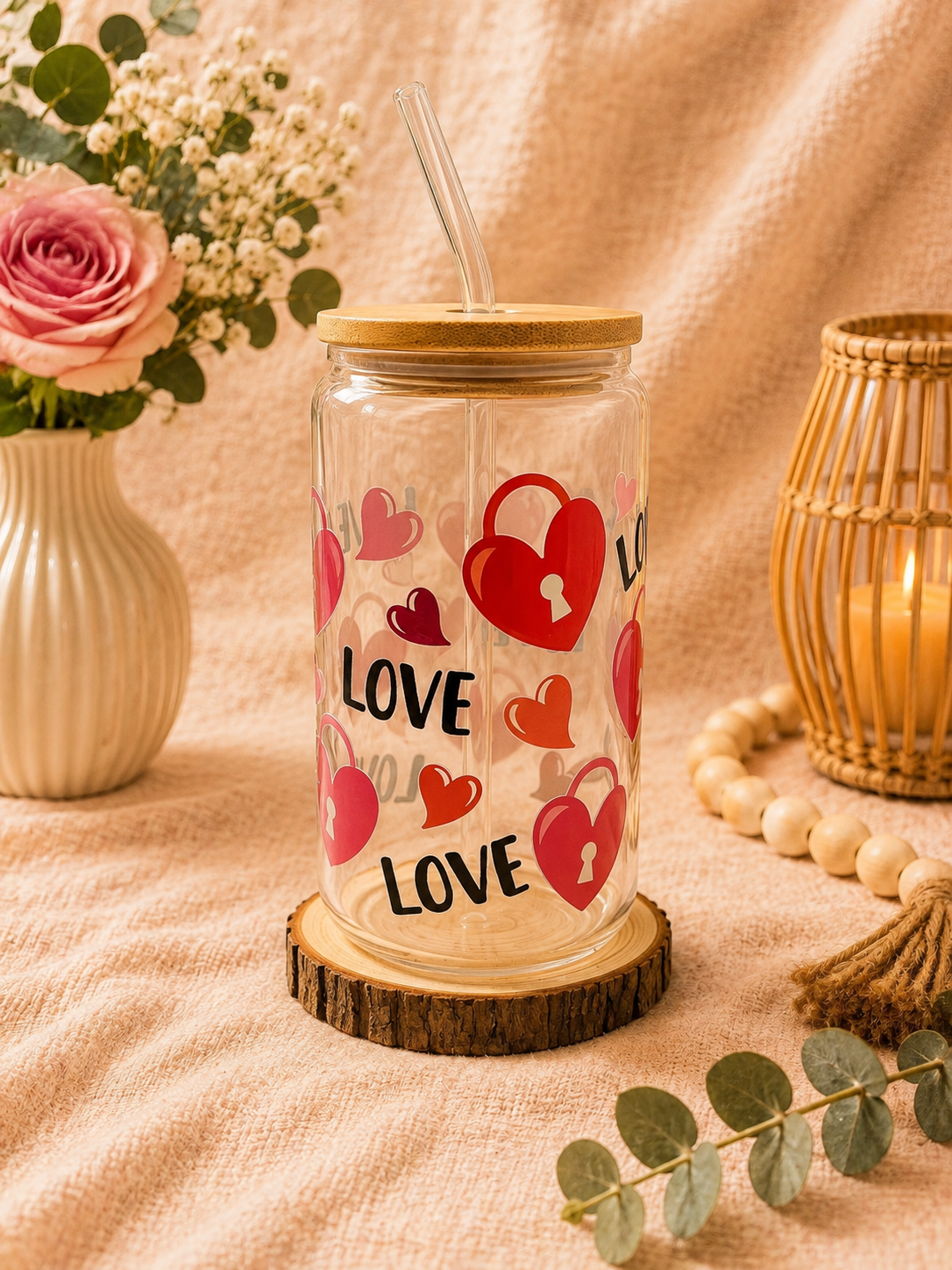 Glasbecher mit Deckel + Glasstrohhalm (Herze/Love)