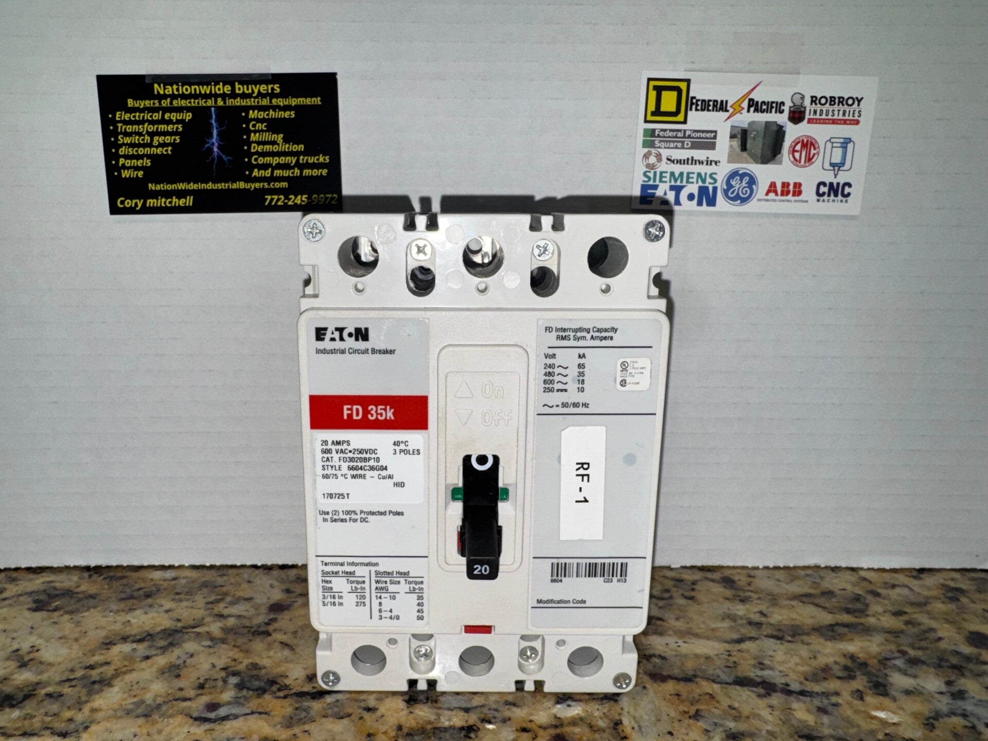 EATON FD3020BP10 35k 20 Amp 3 Pole 600VAC Circuit Breaker SHIPS SAME DAY
