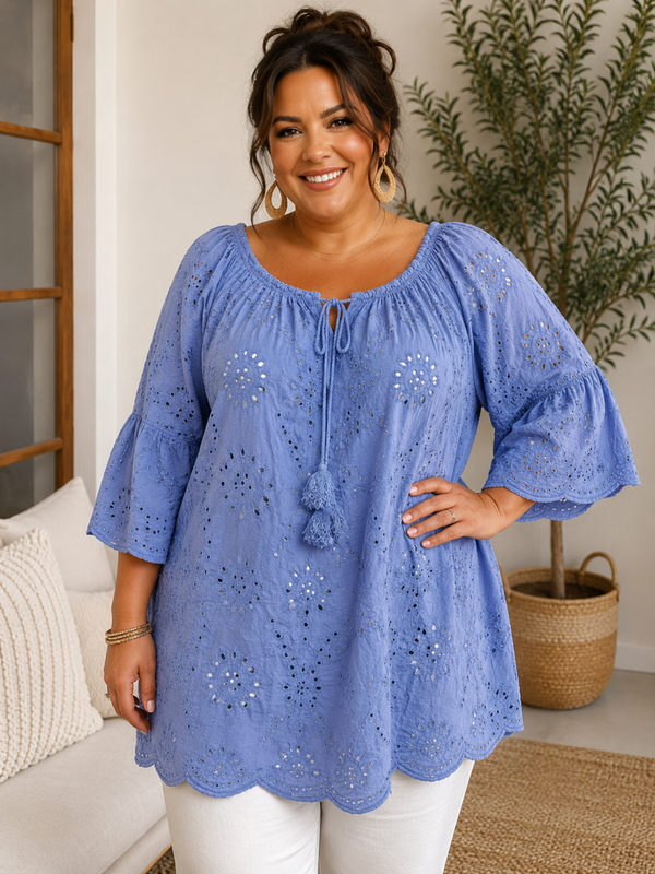 Broderie blouse Jeansblauw Plus-Size