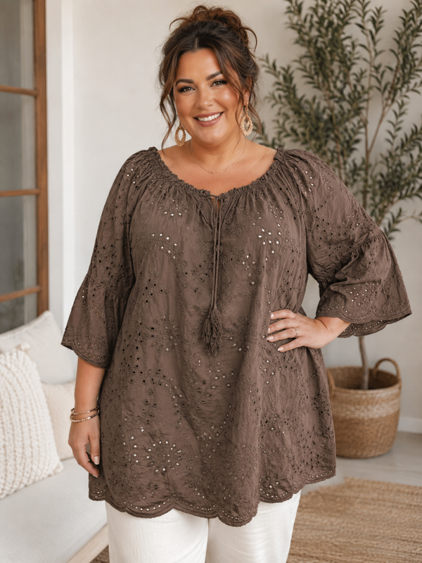 Broderie blouse Bruin Plus-Size