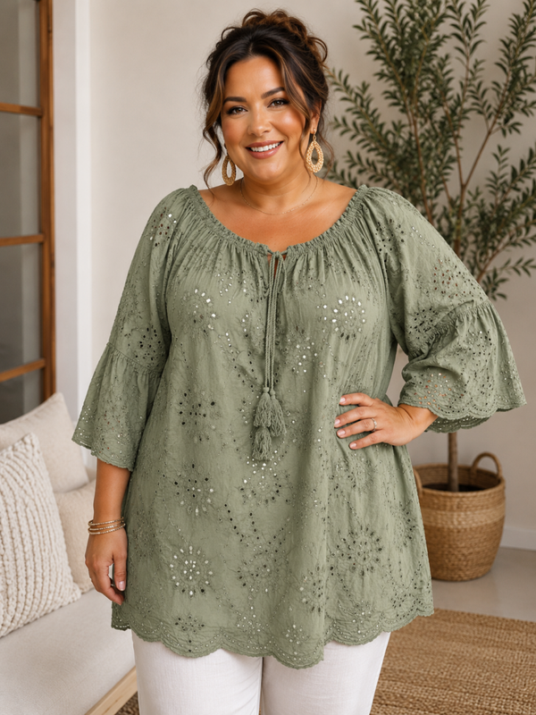 Broderie blouse Groen Plus-Size