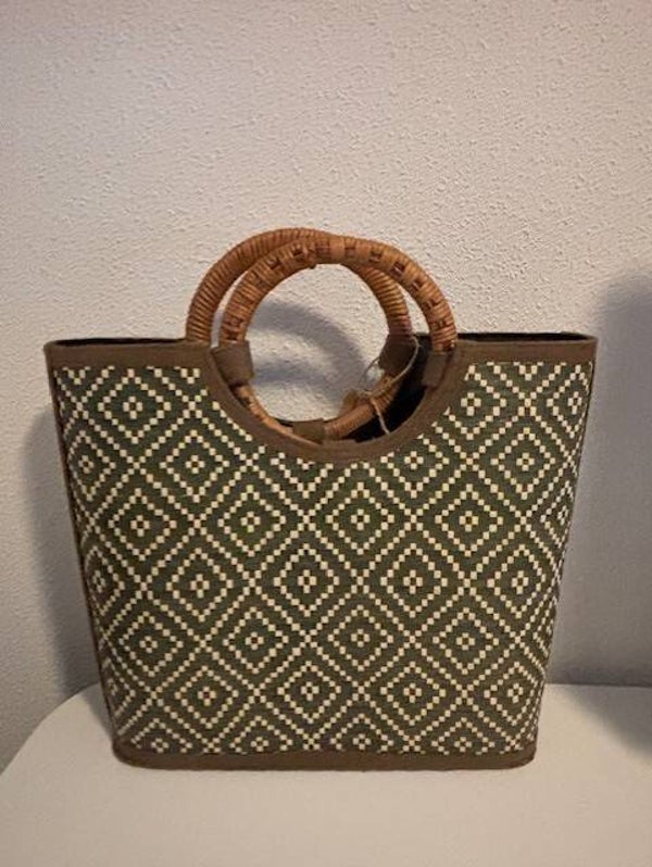 Rieten Tas / Shopper Groen-Wit – Met Ritssluiting & Ronde Handvatten - Colmore