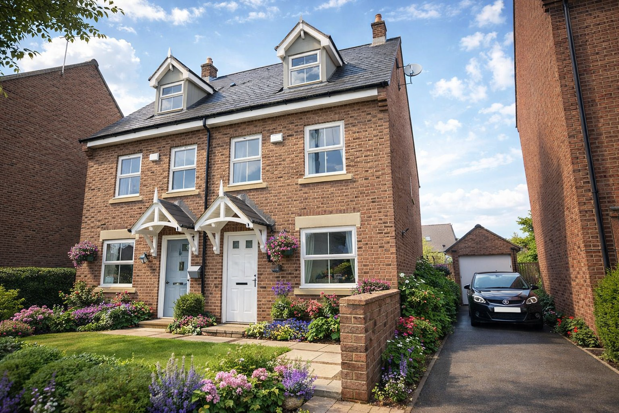 Front of Children's Sanctuary residential children's home in Leighton Buzzard – a warm, welcoming red-brick house with colourful gardens