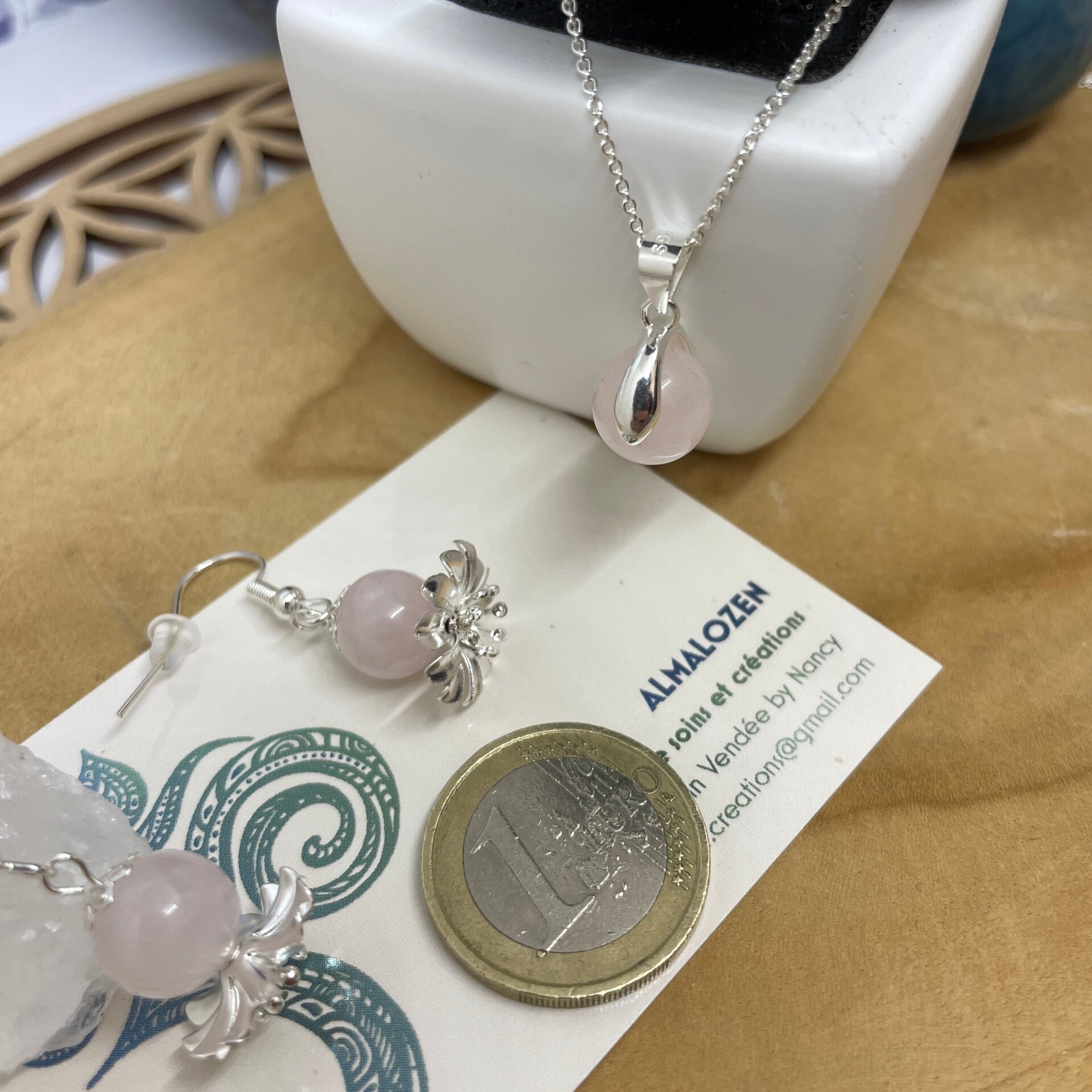 Parure collier & boucles Quartz rose