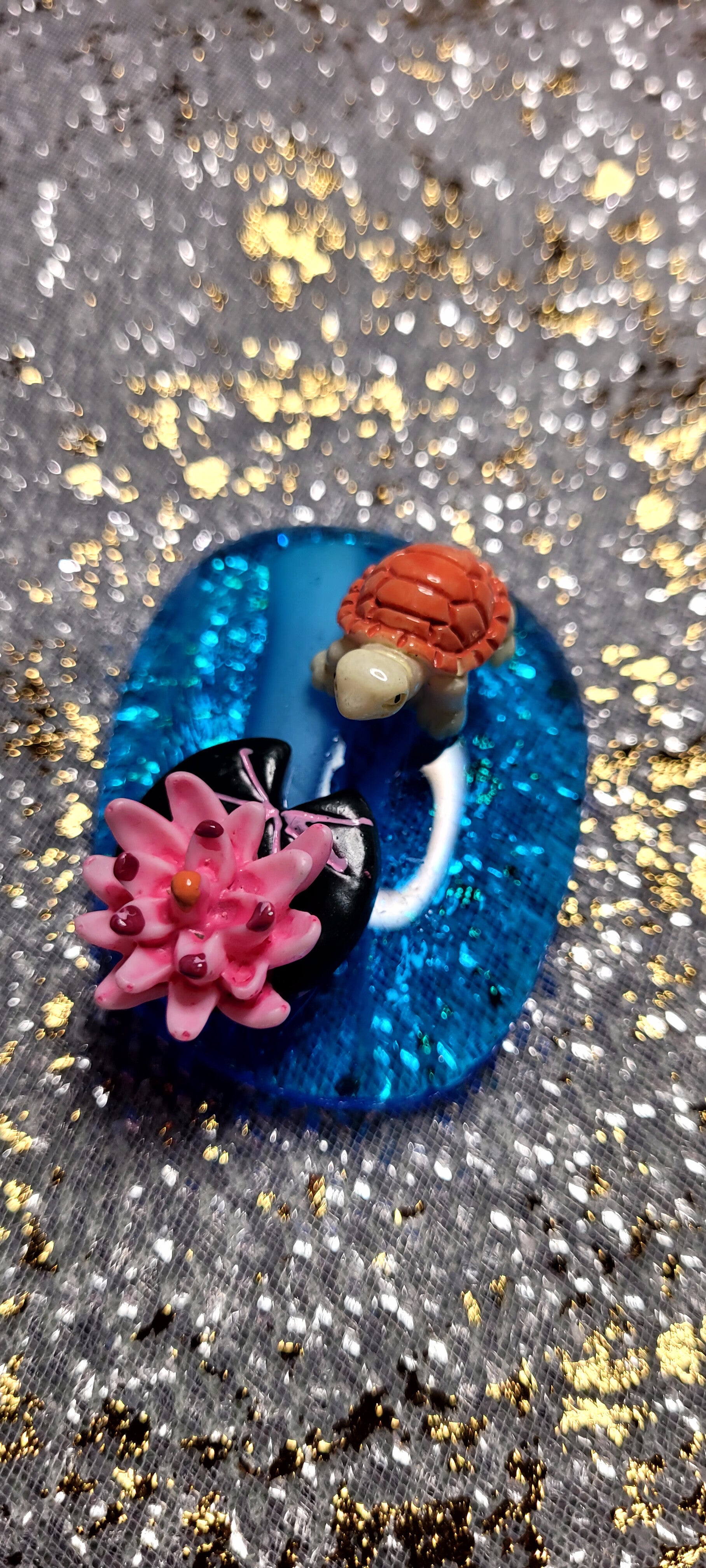 Enchanted Pebble-Large Turtle with Pink Lilypad