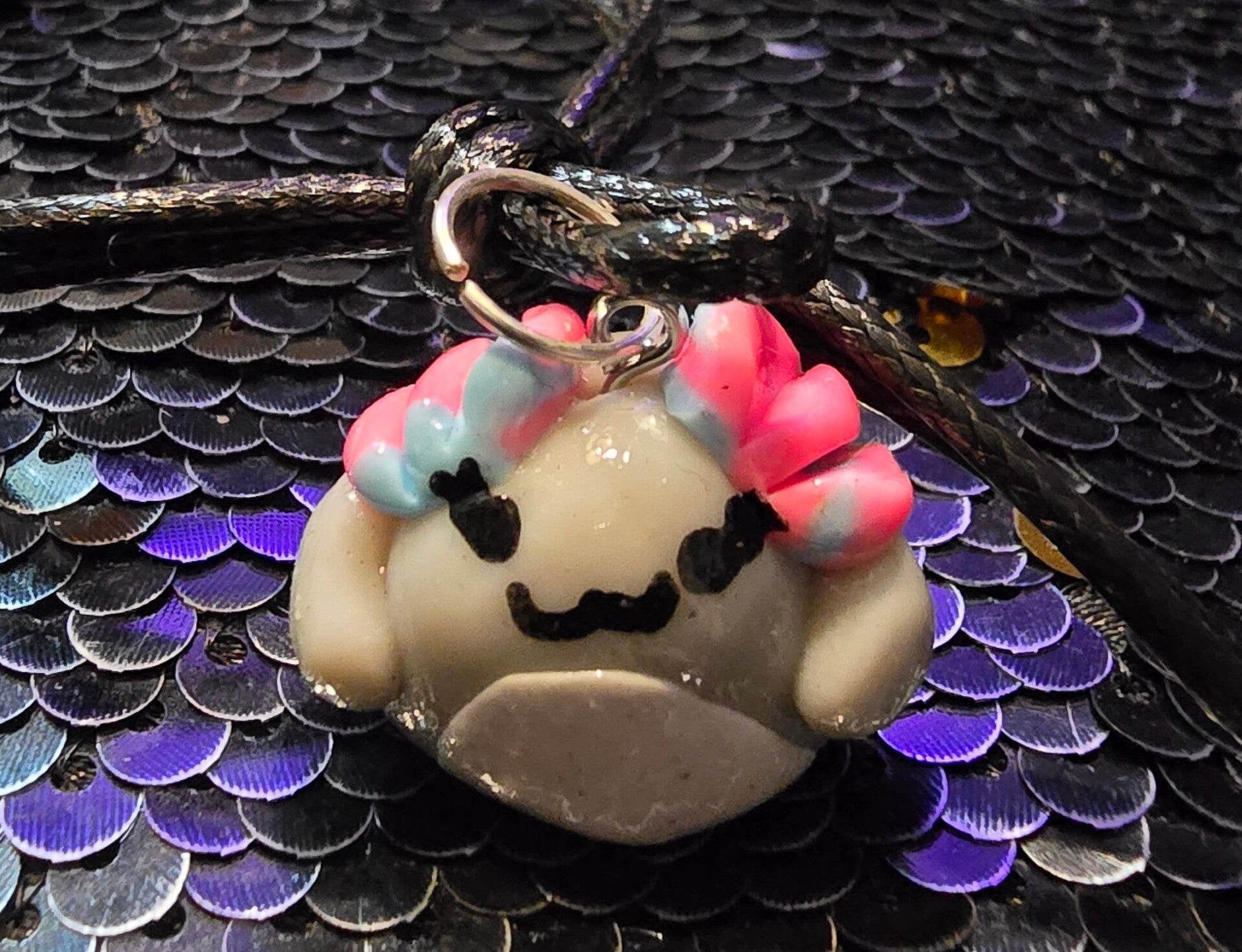 Handmade Polymer Clay Grey and Pink Tie Dye Axolotl Squish Kawaii Necklace