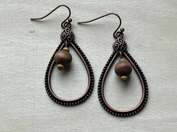 Oorbel ~ Koper-Houtkleur druppel