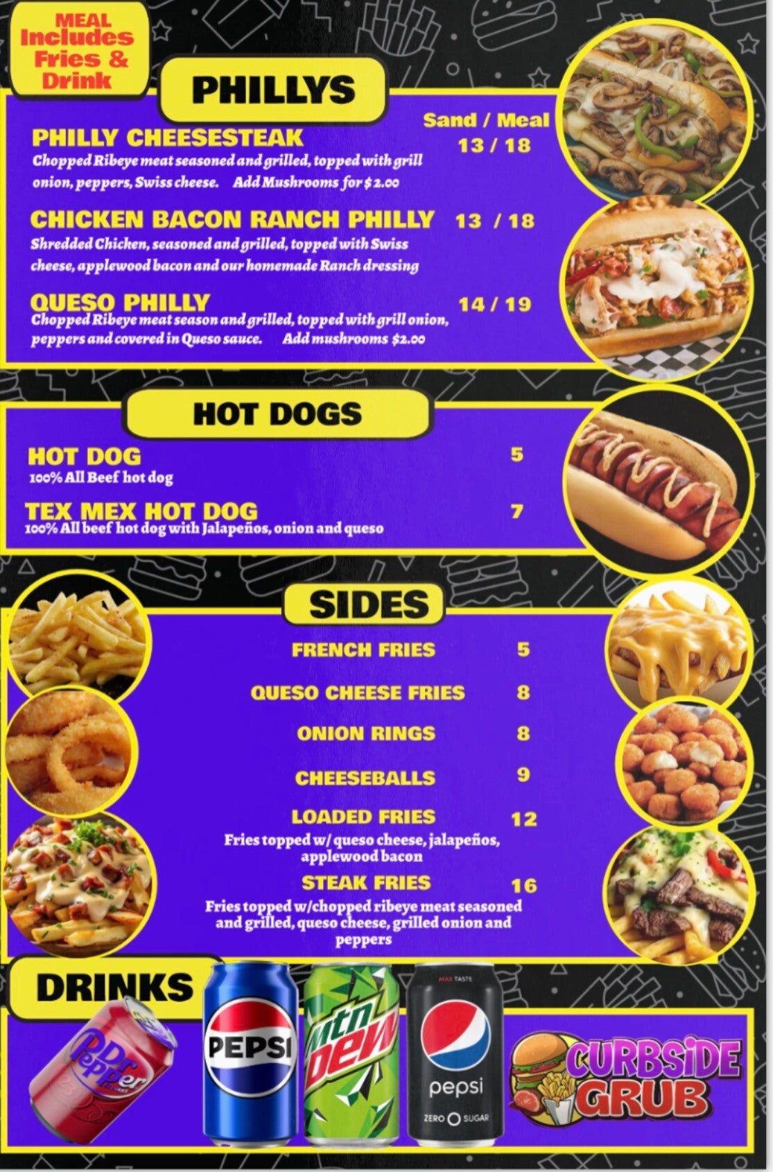 Curbside Grub Food Truck Burgers Tenderloins Philly Cheesesteaks Wings Onion Ring Cheese fries Cheese curds 
