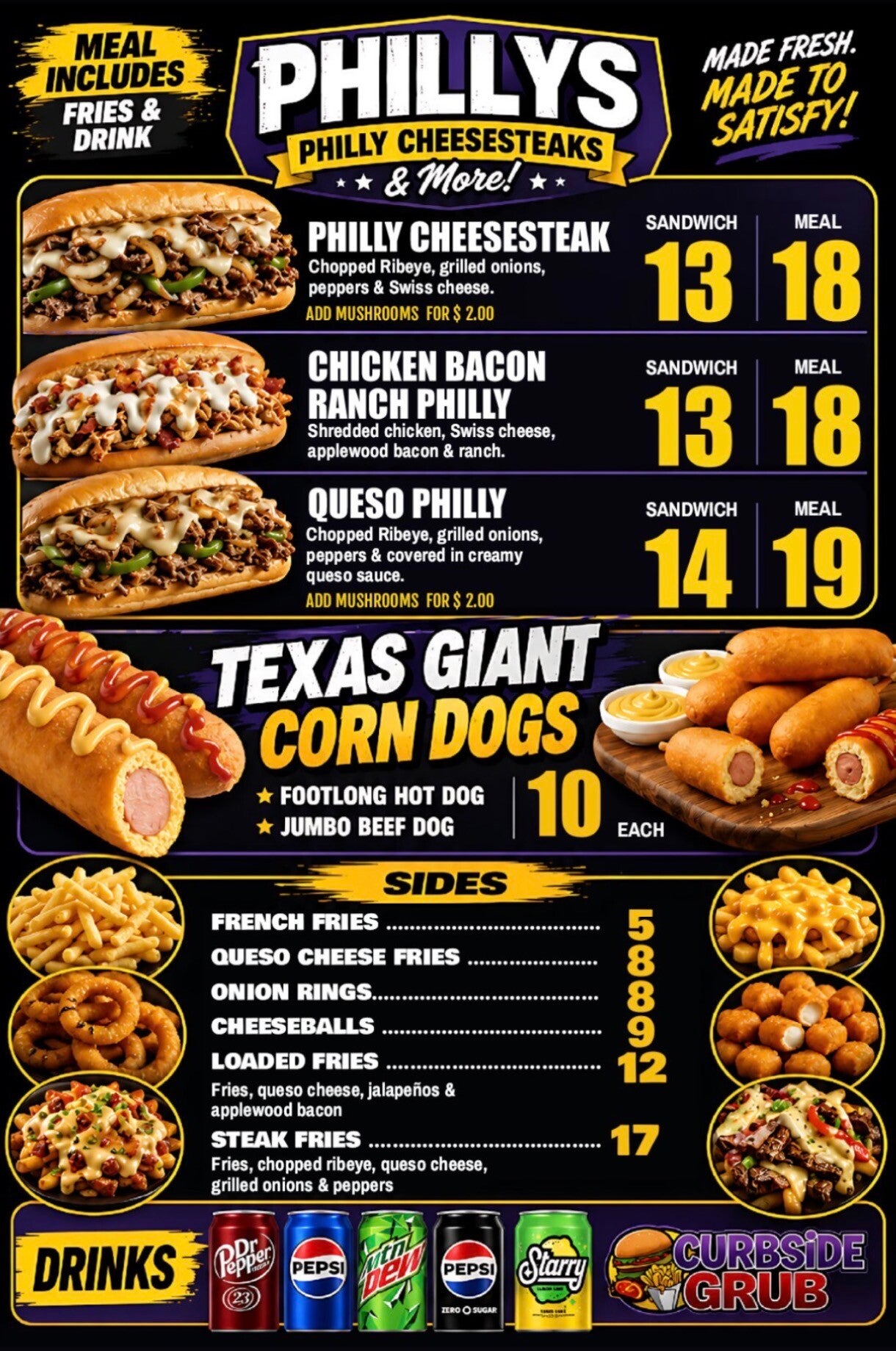 Curbside Grub Food Truck Burgers Tenderloins Philly Cheesesteaks Wings Onion Ring Cheese fries Cheese curds 