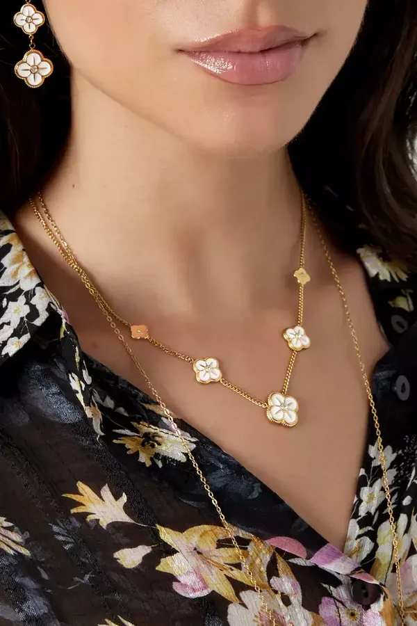 Yehwang - Ketting 5 klavers - goud en zilver Stainless Steel