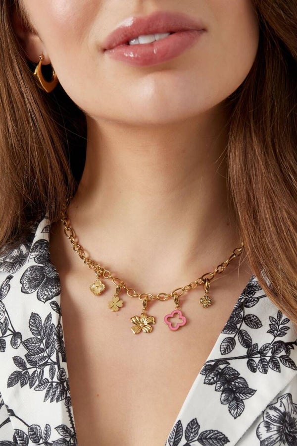 Ketting met klaver- en bloemenbedels stainless steel