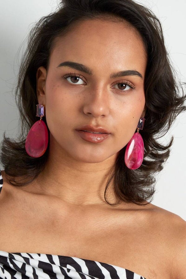 Statement oorbellen glas met ovale steen - 4 kleuren - oranje, fuchsia, green en white