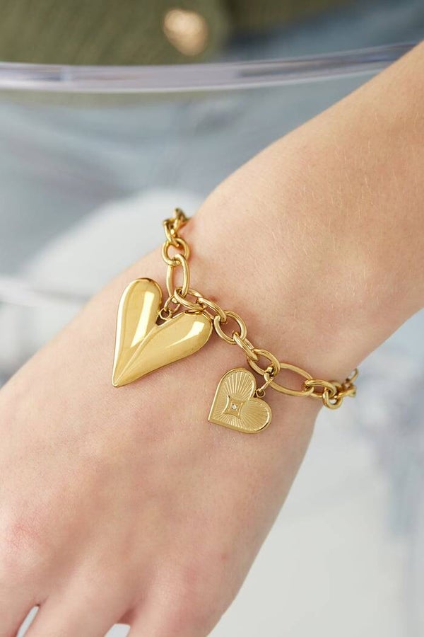 Stainless steel - Bedelarmband triple heart - Goud kleur