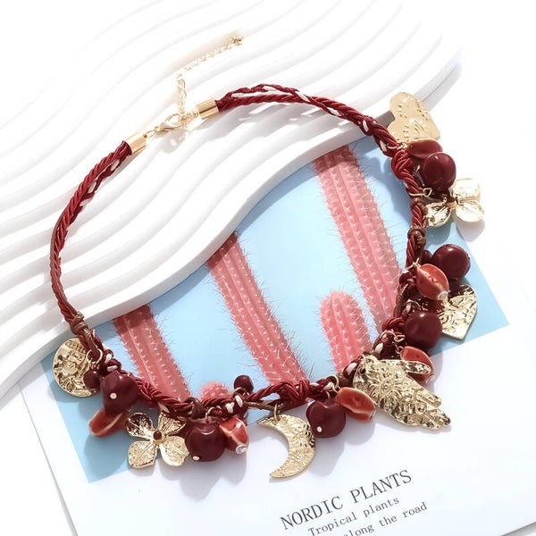 Stainless steel - Boho touw met kralen ketting in het zwart of rood