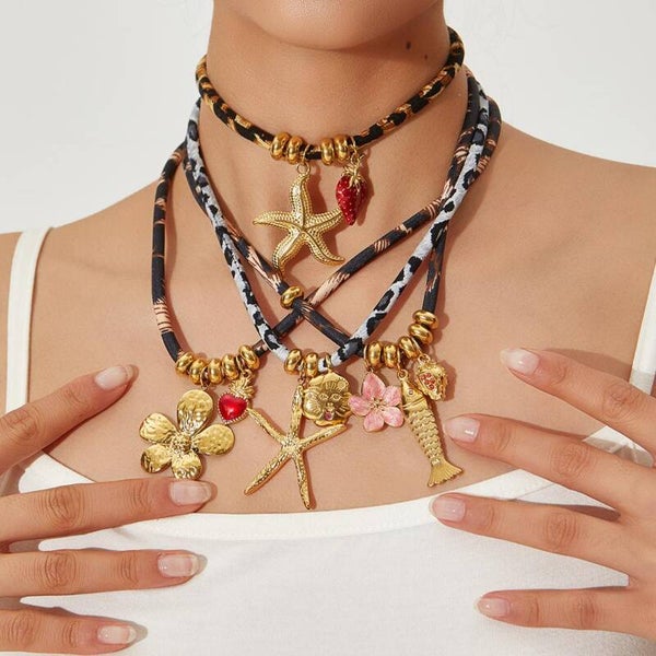 Stainless steel - Boho stof met kralen ketting - 4 variaties