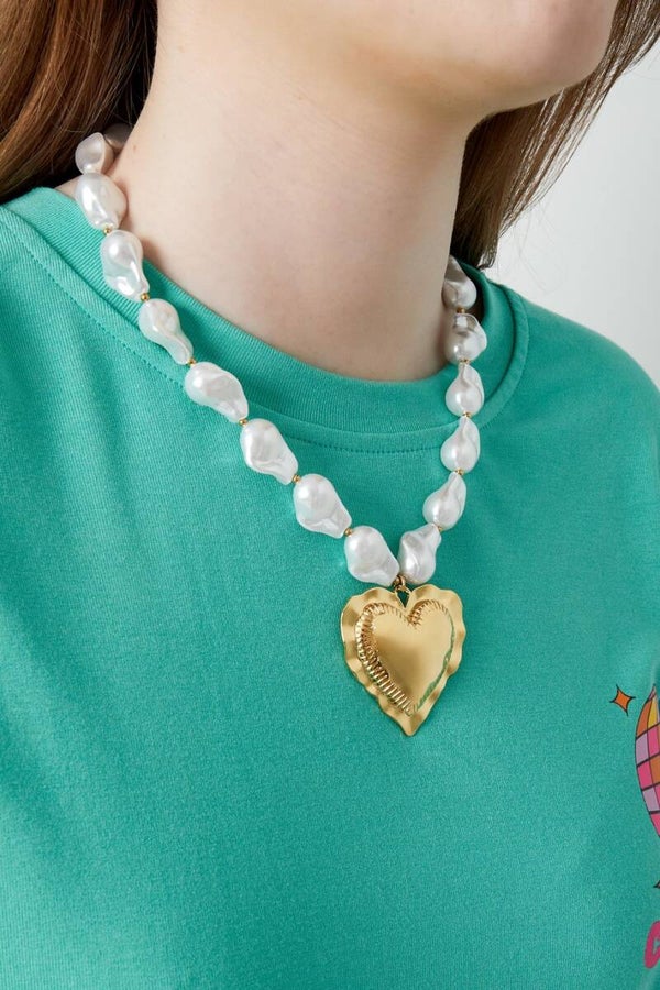 Stainless steel Faux Pearls & big Heart ketting