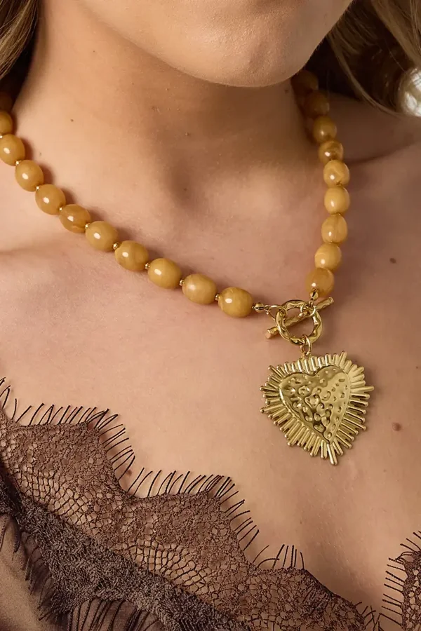 Stainless steel - ketting bruine kralen met hart