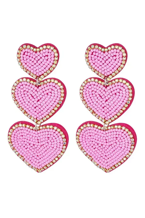 Yehwang - Oorbellen kralen 3 x hart - Fuchsia Glas