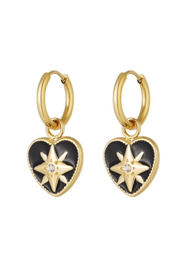 Oorbellen zwart hart met ster - Goud kleur/zwart