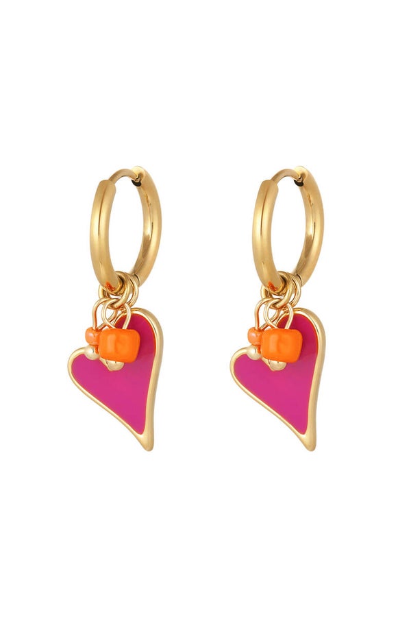 Oorbellen gekleurd hart met parel - Goud kleur en pink