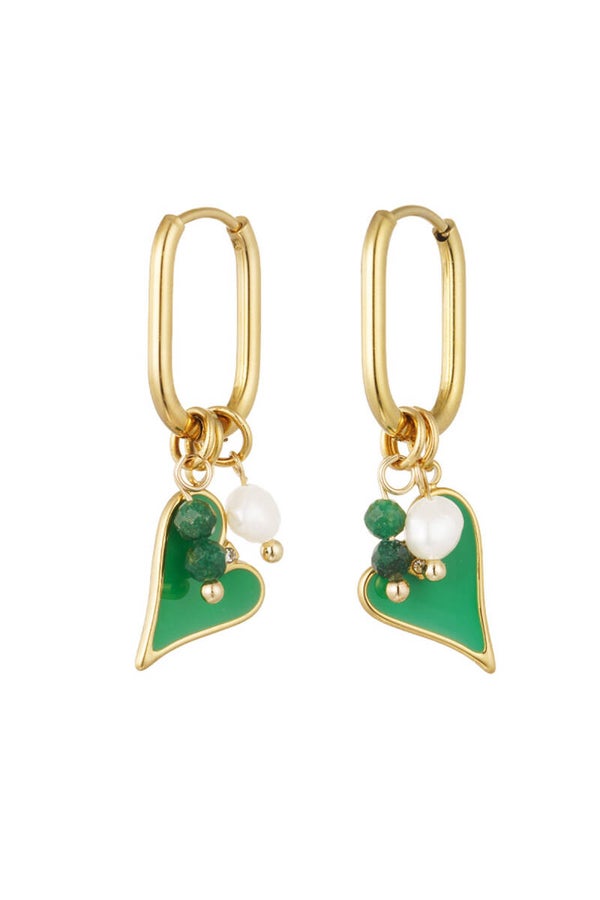 Oorbellen gekleurd hart met parel - Goud kleur en groen