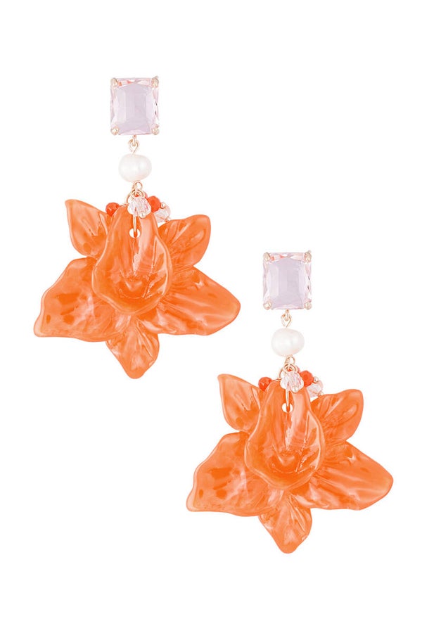 Bloemen parel feest oorbellen - oranje